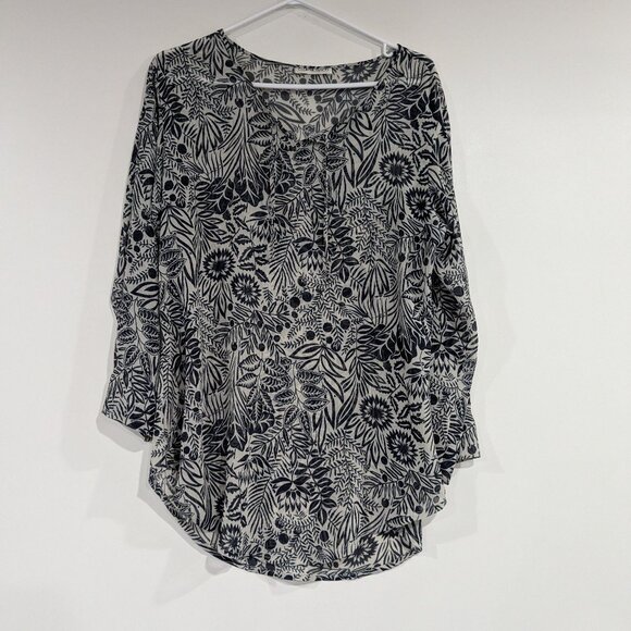 Club Monaco Sheer 3/4 Sleeve Blouse Grey Navy Blue Size Large - Picture 1 of 5